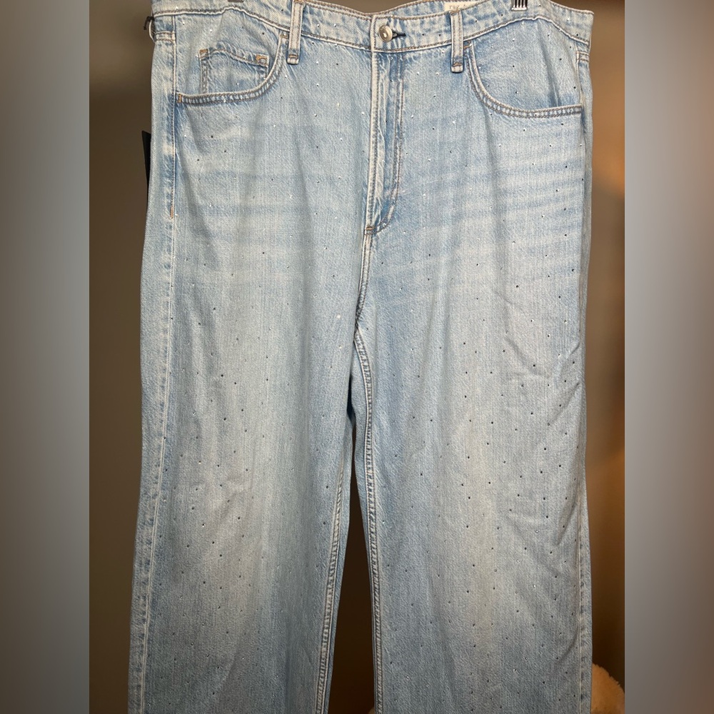 NWT Rag & Bone Featherweight Lt Blue with Sparkle Crystals Wide Leg Jeans Sz 34